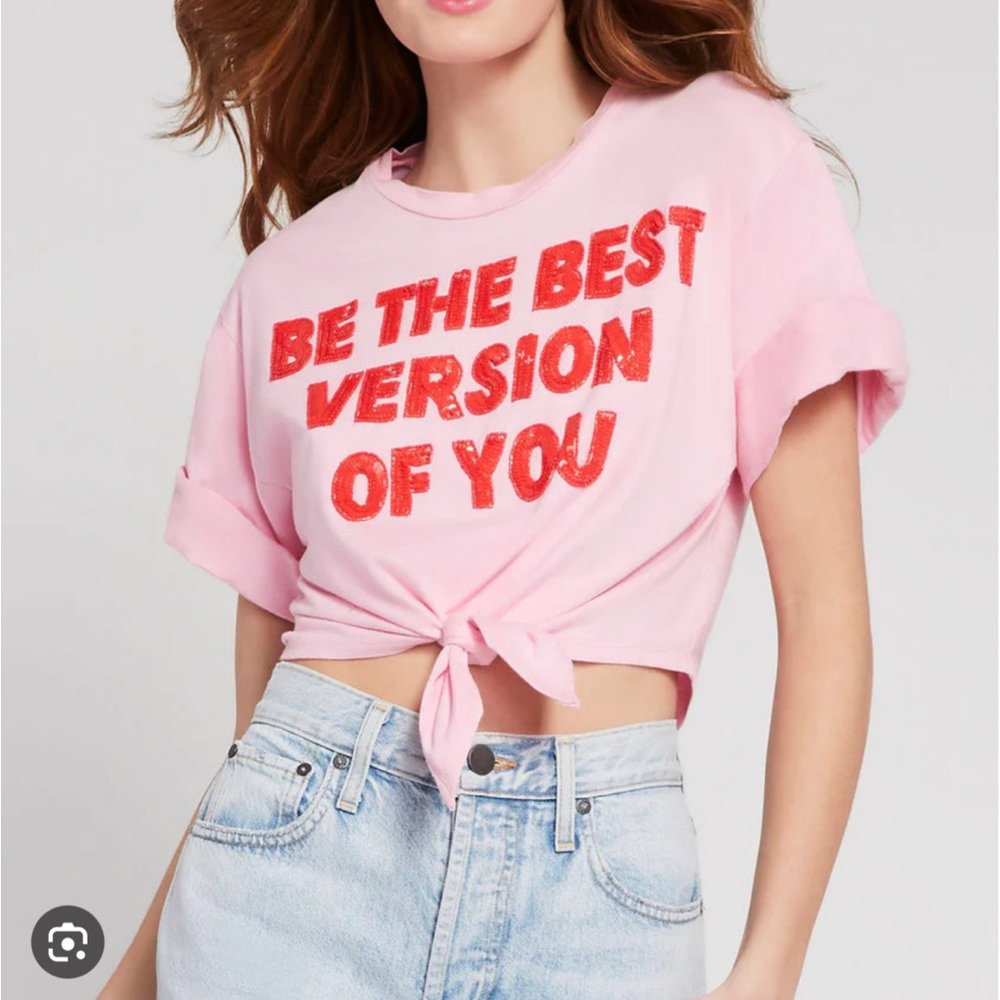 Alice & Olivia - Lera Embellished Tie Front Tee in Electric Pink/Bright Poppy